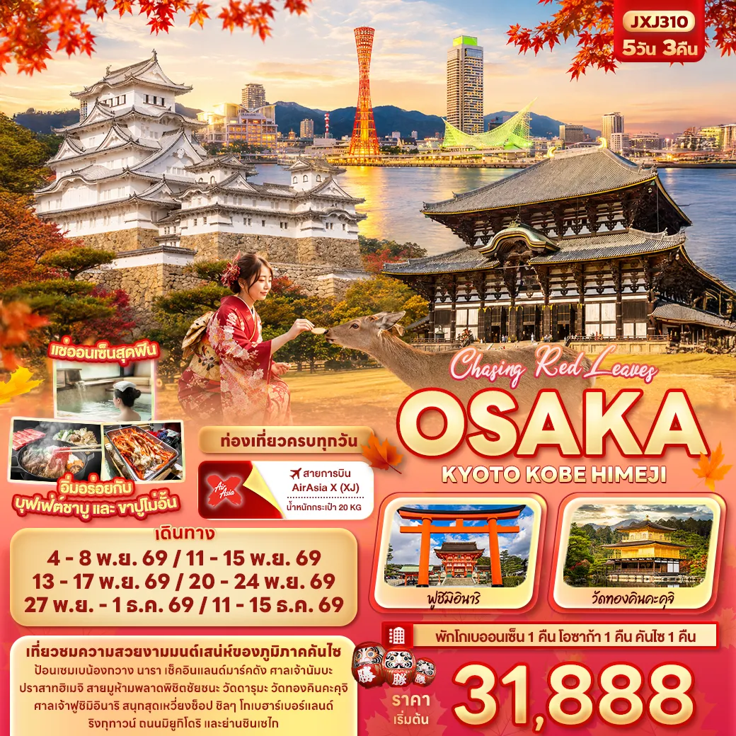 ทัวร์ญี่ปุ่น Chasing Red Leaves OSAKA KYOTO KOBE HIMEJI 5วัน 3คืน (XJ)